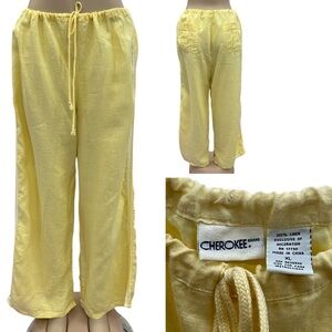 Vintage Linen Cherokee Wide Leg Side Stripe Drawstring Yellow Pants Womens XL